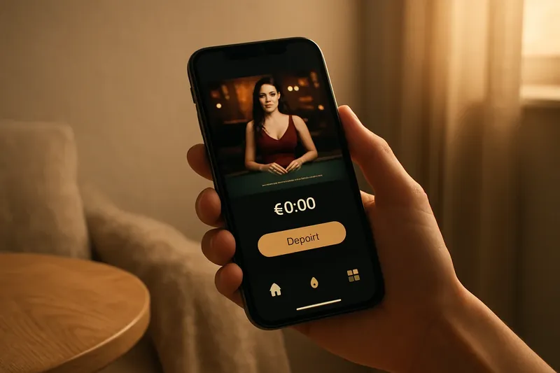 Casino App Preview Hand holding smartphone showing dark casino app with live dealer