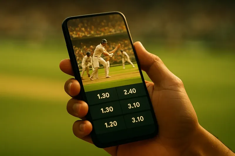 Live Cricket Odds Hand holding smartphone showing live cricket match and real-time odds
