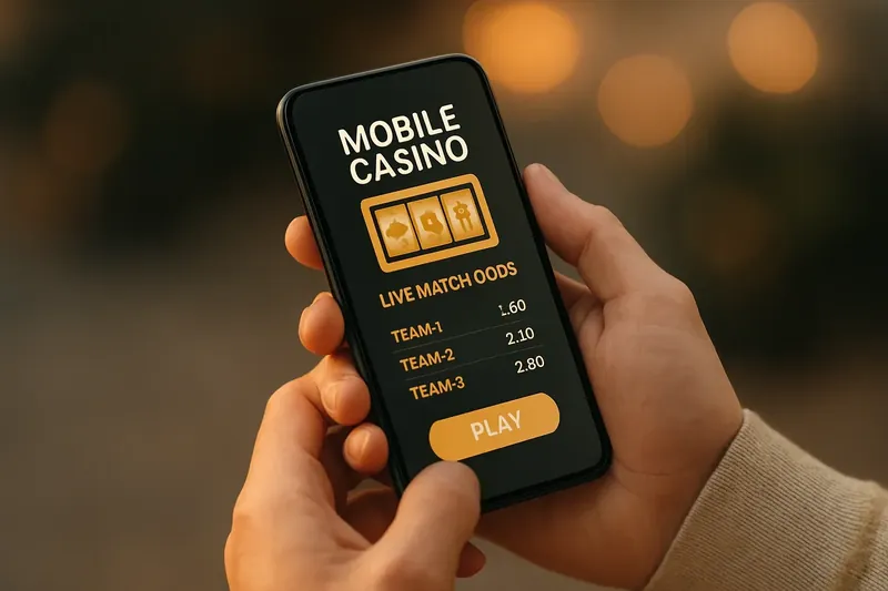 Hands holding smartphone with mobile casino interface and live match odds
