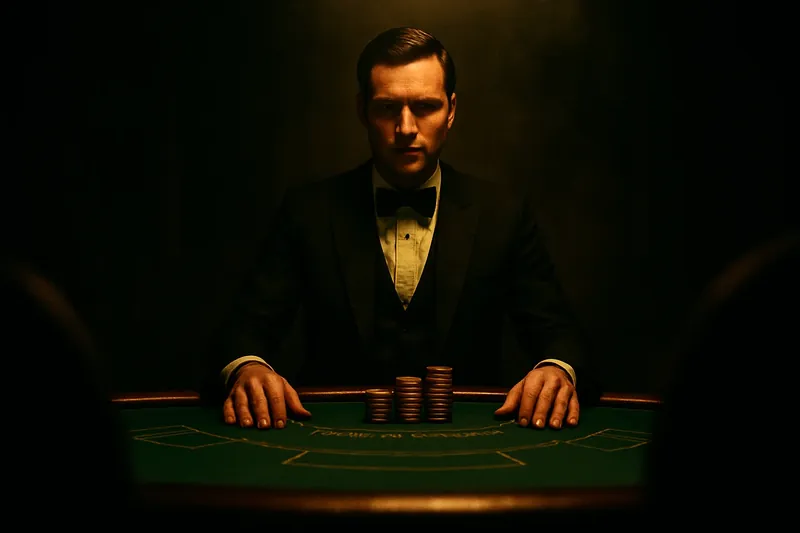 Elegant Live Casino Professional dealer at green felt live casino table with golden chips