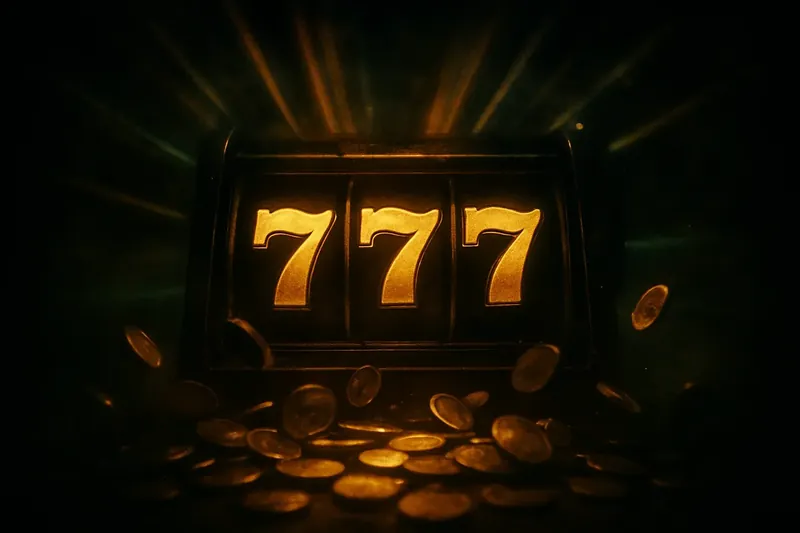 Golden 777 Jackpot Slot machine jackpot with golden 777, coins, and neon light beams